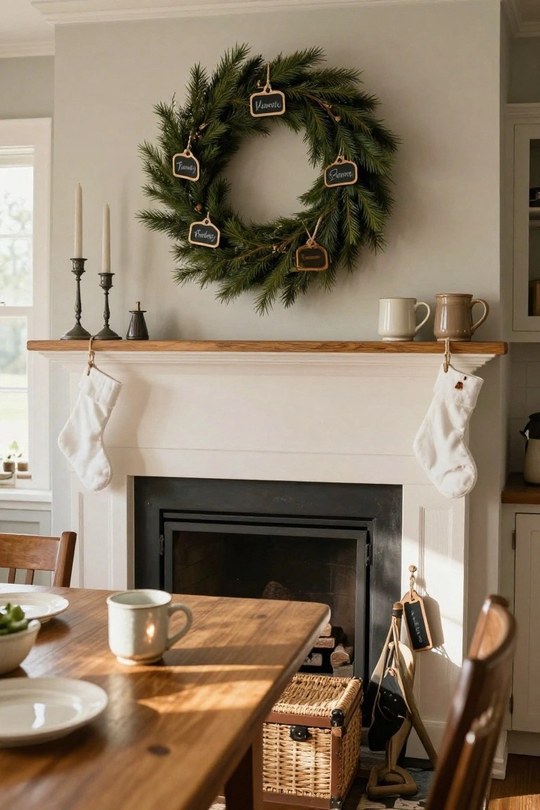 Rustic wooden mantel over a white fireplace decorated for Christmas with a large evergreen wreath hung above it featuring dangling chalkboard tags labeled with names, two white stockings hanging from hooks, brass candlesticks, and a nearby wooden dining table with white dishes and a mug.