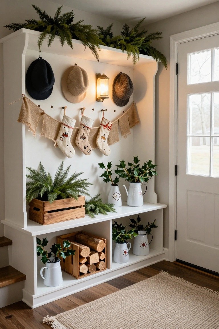 White wooden entryway coat rack topped with greenery garlands and hanging hats, Christmas stockings suspended from hooks on a burlap banner, potted plants and holly in white pitchers and wooden crate, firewood stacked on lower shelf near a windowed door.