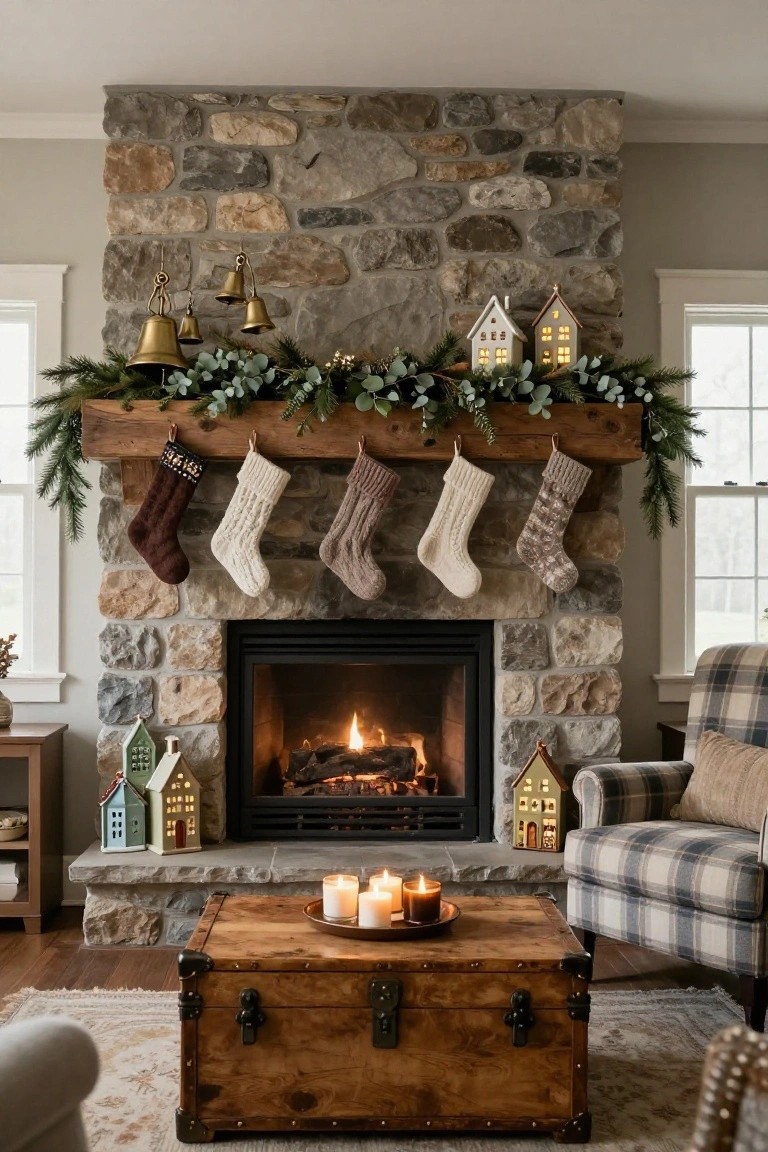Stone fireplace with burning fire, wooden beam mantel shelf holding pine and eucalyptus garland from which knit stockings in neutral tones hang, small houses and bells on the mantel ends, candles on a wooden trunk coffee table in front.