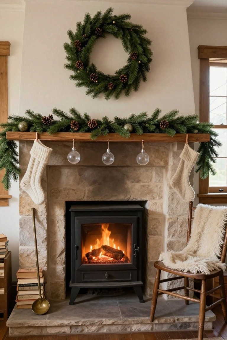 Wooden mantel over a stone fireplace decorated with evergreen garland, pinecones, gold ornaments, white knit stockings, and clear glass balls hanging from hooks, with a fire burning in the stove and a wooden chair with sheepskin nearby.