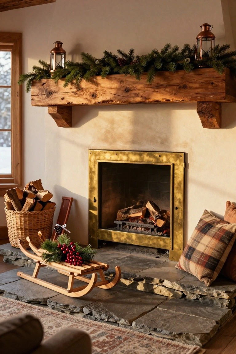 Rustic wooden beam mantel above a gold metal-framed fireplace filled with burning logs, topped with evergreen garland, pinecones, and flanked by brass lanterns, with a firewood basket, wooden sled holding berries and greens on the stone hearth, and plaid pillows nearby in a cabin interior.