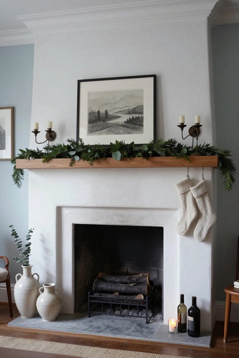 White plaster fireplace with oak wood beam mantel shelf decorated by evergreen fir garland with eucalyptus accents, two white knit stockings on hooks, large white ceramic vases holding eucalyptus branches nearby, firewood in grate, wine bottles and lit candle on slate hearth tile, flanked by wall sconces and framed art.