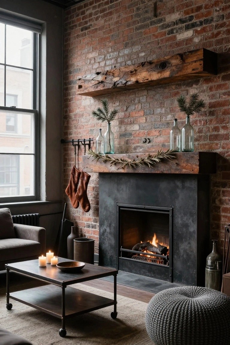 Exposed brick interior room with black metal fireplace under reclaimed wood beam mantle decorated with olive garland, pine branches, leather stockings, and glass bottles, plus gray sofa, candlelit coffee table, and knit ottoman nearby.