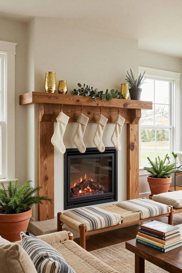 Rustic wooden mantel above a gas fireplace decorated with four cream knit stockings, gold textured vases filled with eucalyptus garland, potted plants on either side, and a striped cushioned bench nearby in a light-colored living room.