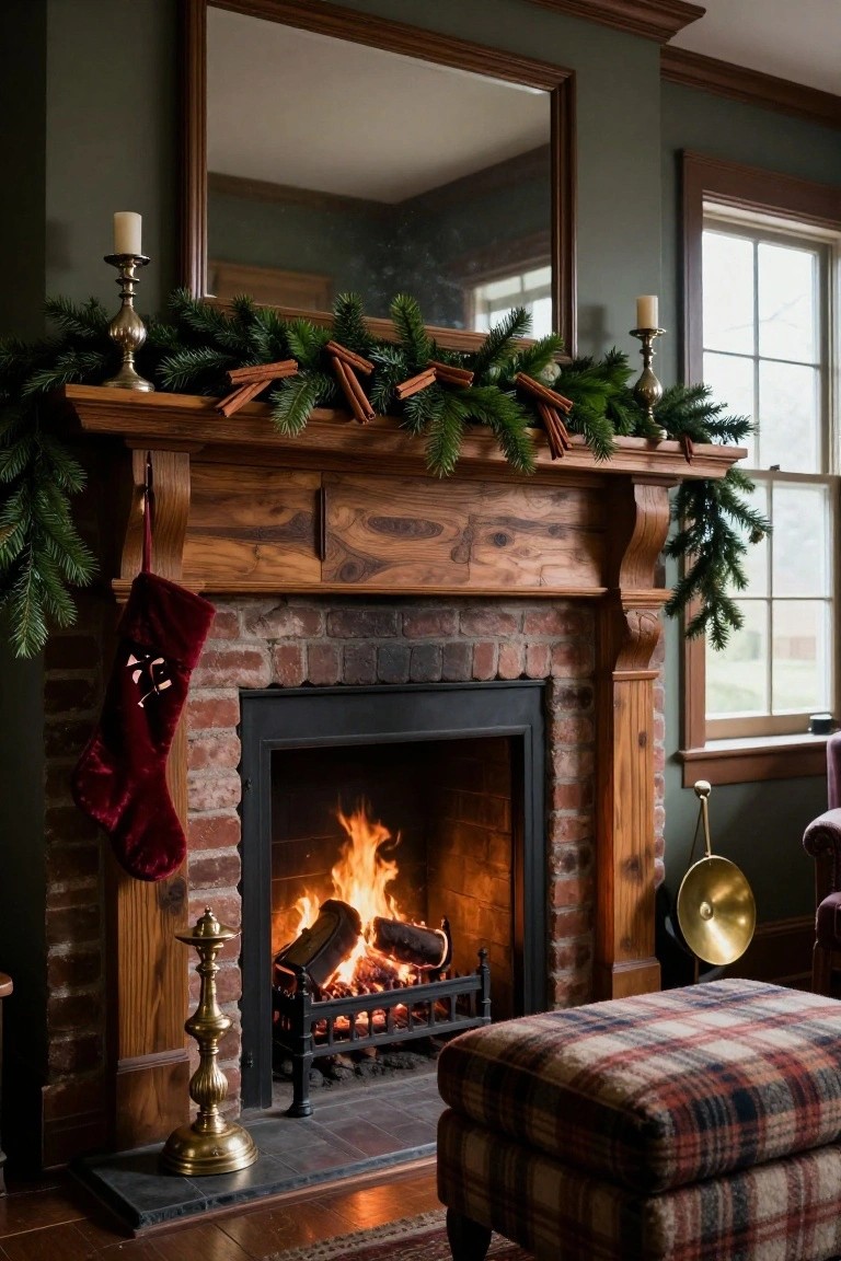 Wood mantel over brick fireplace decorated with evergreen garland interspersed with cinnamon sticks, red velvet stockings hanging from one side, brass candlesticks, and a fire burning in the grate.
