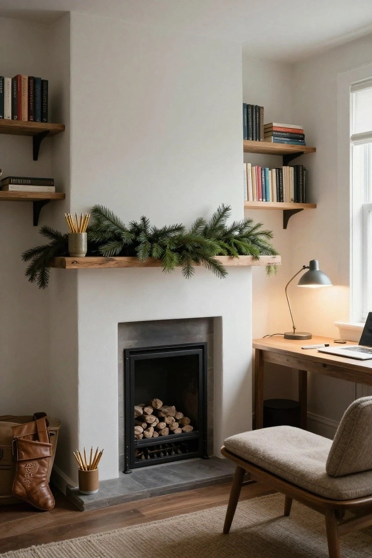 White-walled interior room with fireplace, wooden mantel shelf holding evergreen garland and pencils, logs in firebox, nearby desk with laptop, chair, bookshelves, and Christmas stocking.