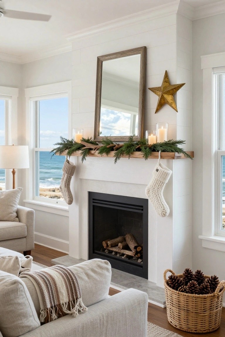 Living room with white shiplap walls and gas fireplace on white surround topped by wood shelf mantel holding evergreen garland, white knit stockings, glass candles, gold star wall decor, ocean view windows, beige sofa, and wicker basket of pinecones.