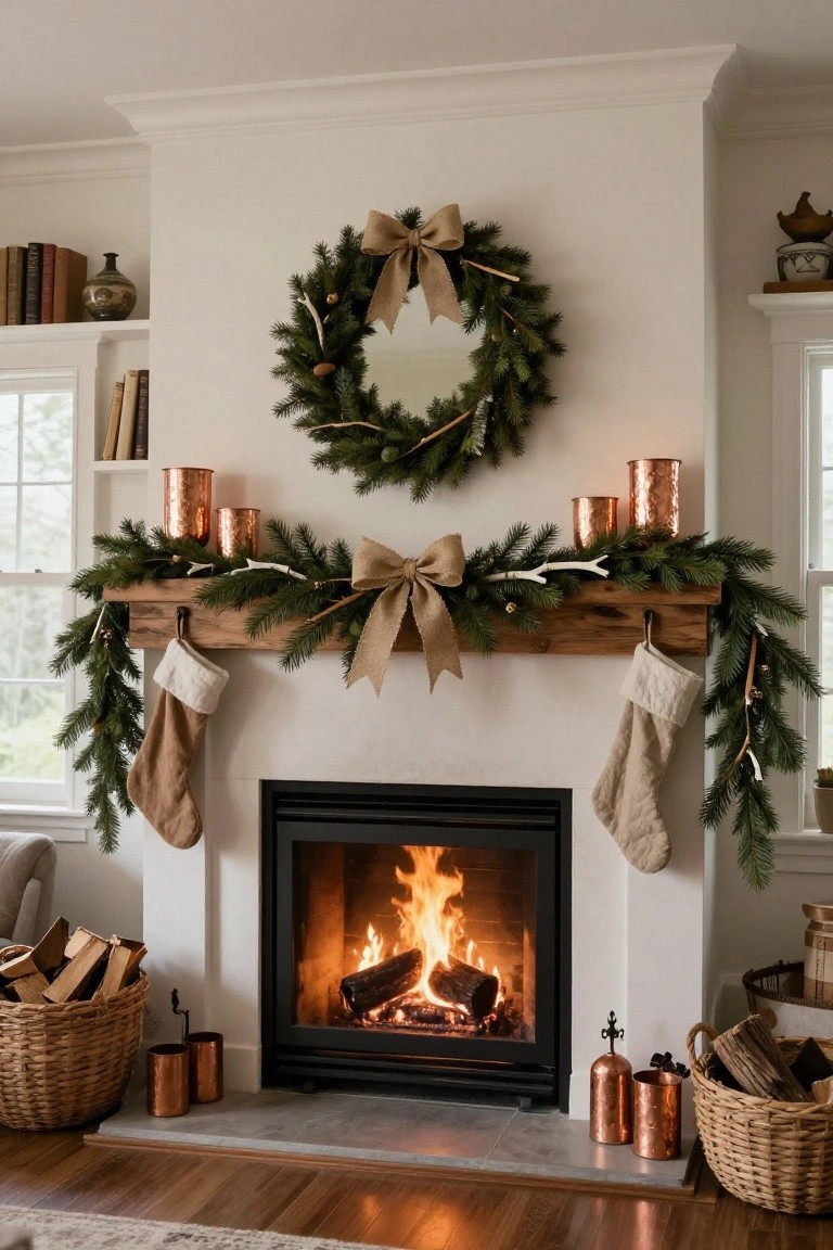 White living room fireplace with rustic wooden mantel shelf draped in evergreen garland, burlap ribbons, white and beige stockings, copper lanterns, firewood baskets, and a burning fire inside a modern insert.