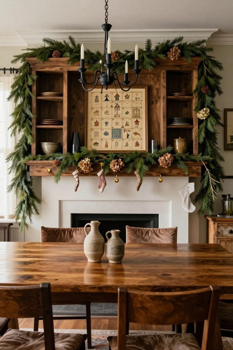 Rustic wooden built-in cabinetry and mantel above a white fireplace decorated with evergreen garland, pinecones, dried hydrangeas, stockings, and bells, with a wooden dining table, ceramic vases, and chairs in the foreground.