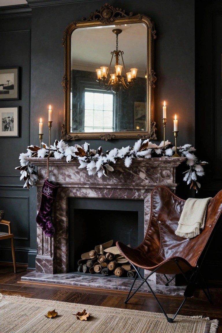 Dark-walled room with marble fireplace mantel decorated in white faux snow-covered magnolia garland, flanked by brass candelabras holding lit candles, purple velvet stocking hanging from one side, and tan leather chair with throw nearby.
