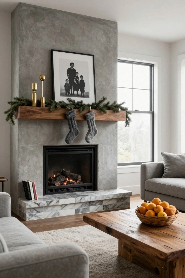 Living room with tall gray concrete fireplace wall, walnut wood mantel shelf holding gold candlesticks and evergreen garland with two gray knit stockings, black-framed black-and-white family portrait above, gas logs burning, gray L-shaped sofa, wooden coffee table with woven basket of oranges.