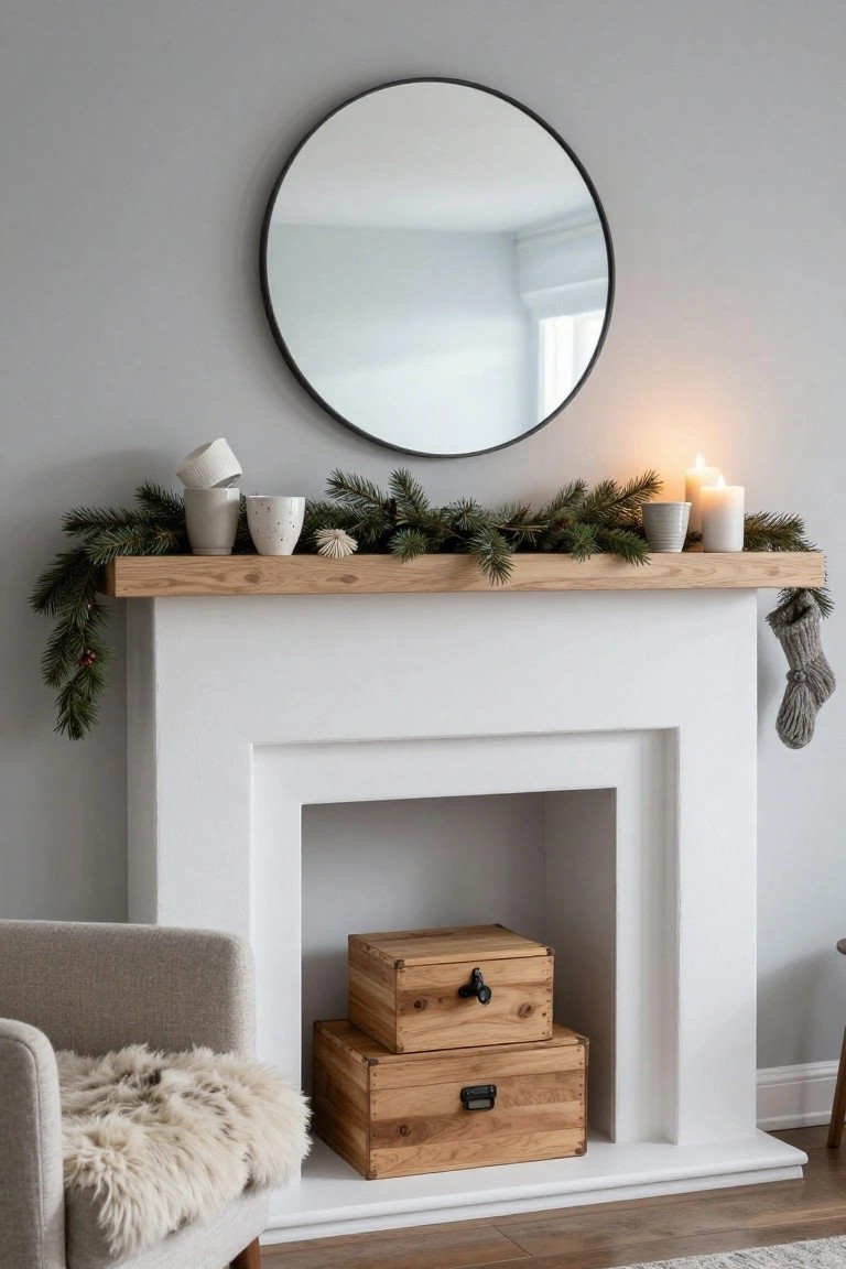 White fireplace with oak wood mantel shelf holding evergreen garland, white ceramic cups, candles, and stacked wooden boxes inside the hearth, gray armchair with sheepskin nearby, round black mirror on gray wall.