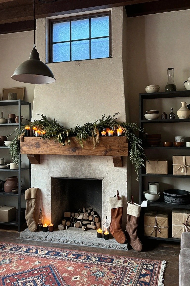 Rustic living room with white stucco walls and stone fireplace, wooden mantel box filled with evergreen garlands, olive branches, feathers, and candles, flanked by leather and fabric stockings, black metal shelves with pottery, and a red Persian rug.