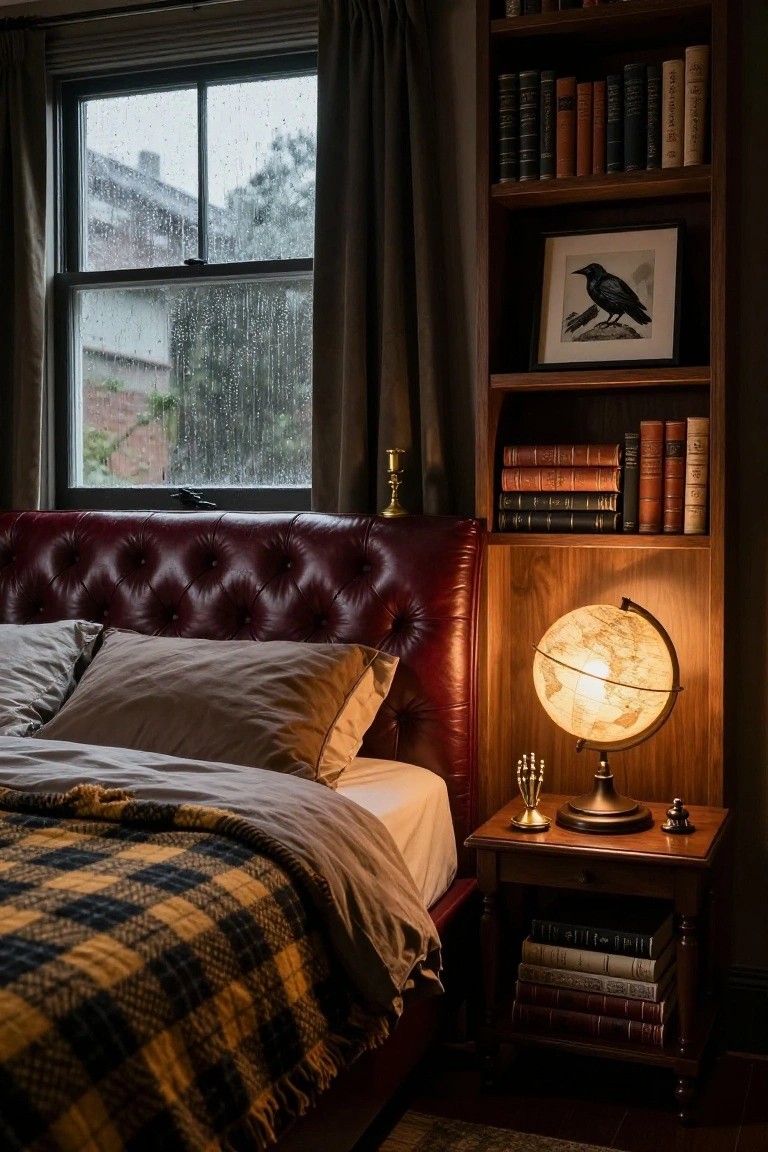 Bedroom corner with red tufted leather headboard, gray sheets and plaid blanket on bed, wooden bookshelves stocked with leather-bound books, brass globe lamp on nightstand, raven ink drawing in frame, and rainy window view.