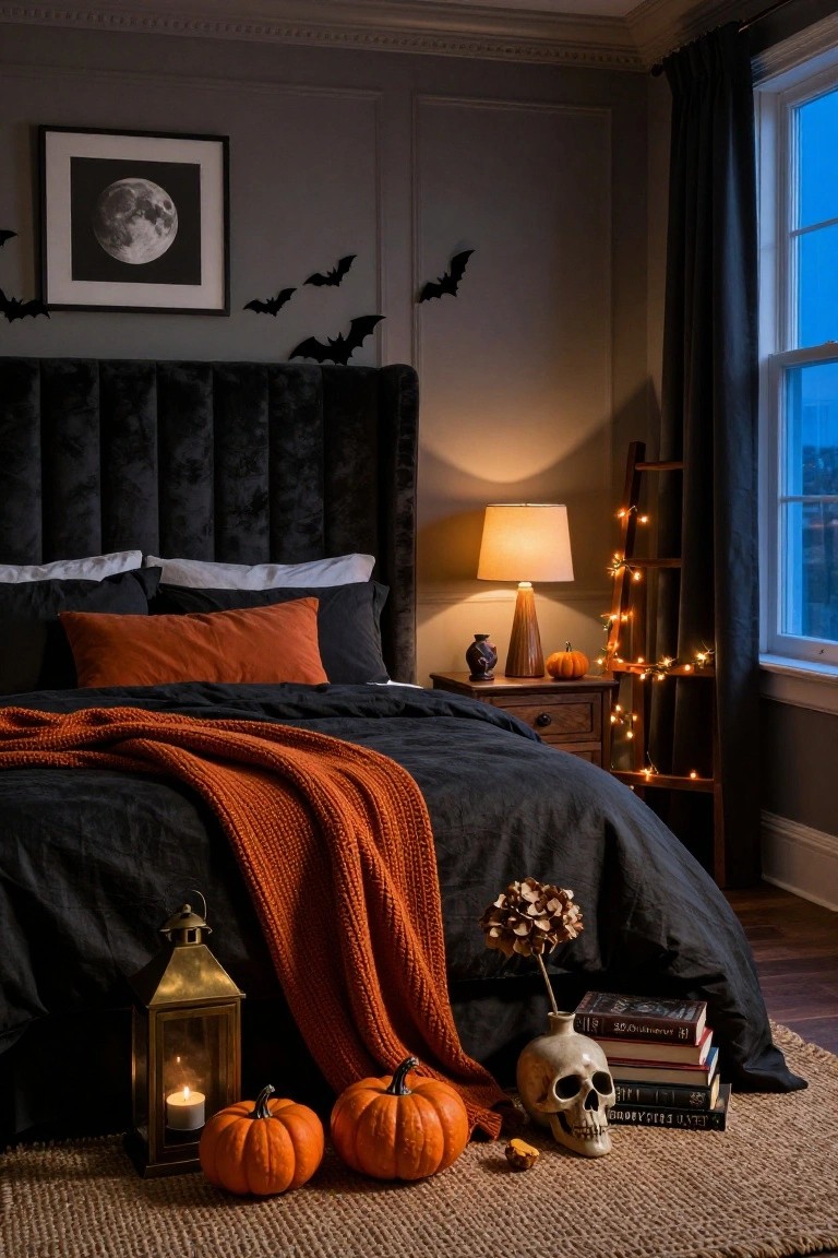 Dark velvet tufted headboard on a bed with black sheets, orange knit throw, and bedside table; floor features brass lantern, pumpkins, skull, and books on a rug in a Halloween-themed bedroom with bats and moon art on walls.