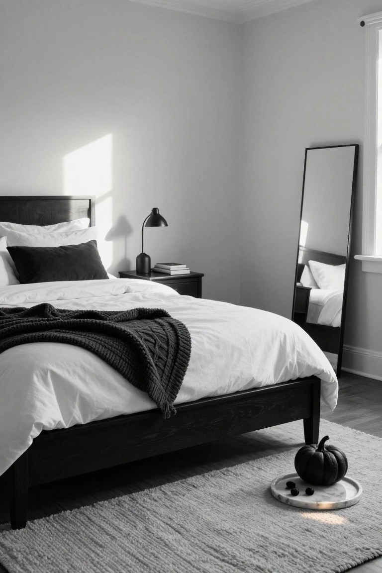 Black-and-white photo of a minimalist bedroom with dark wood bed frame, white bedding draped with black knit throw, black throw pillows, nightstand with lamp and books, full-length black mirror, and black pumpkin on marble plate with berries on light rug.