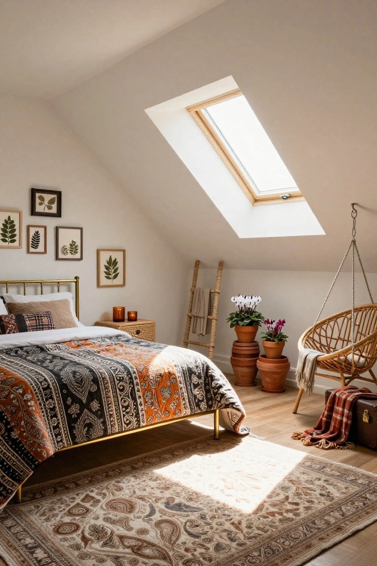 Attic bedroom with sloped white ceilings and skylight, brass bed draped in colorful patterned quilt and pillows, stacked terracotta pots with plants, rattan hanging chair with throw, botanical prints on walls, rattan side table, and woven rug on wood floor.