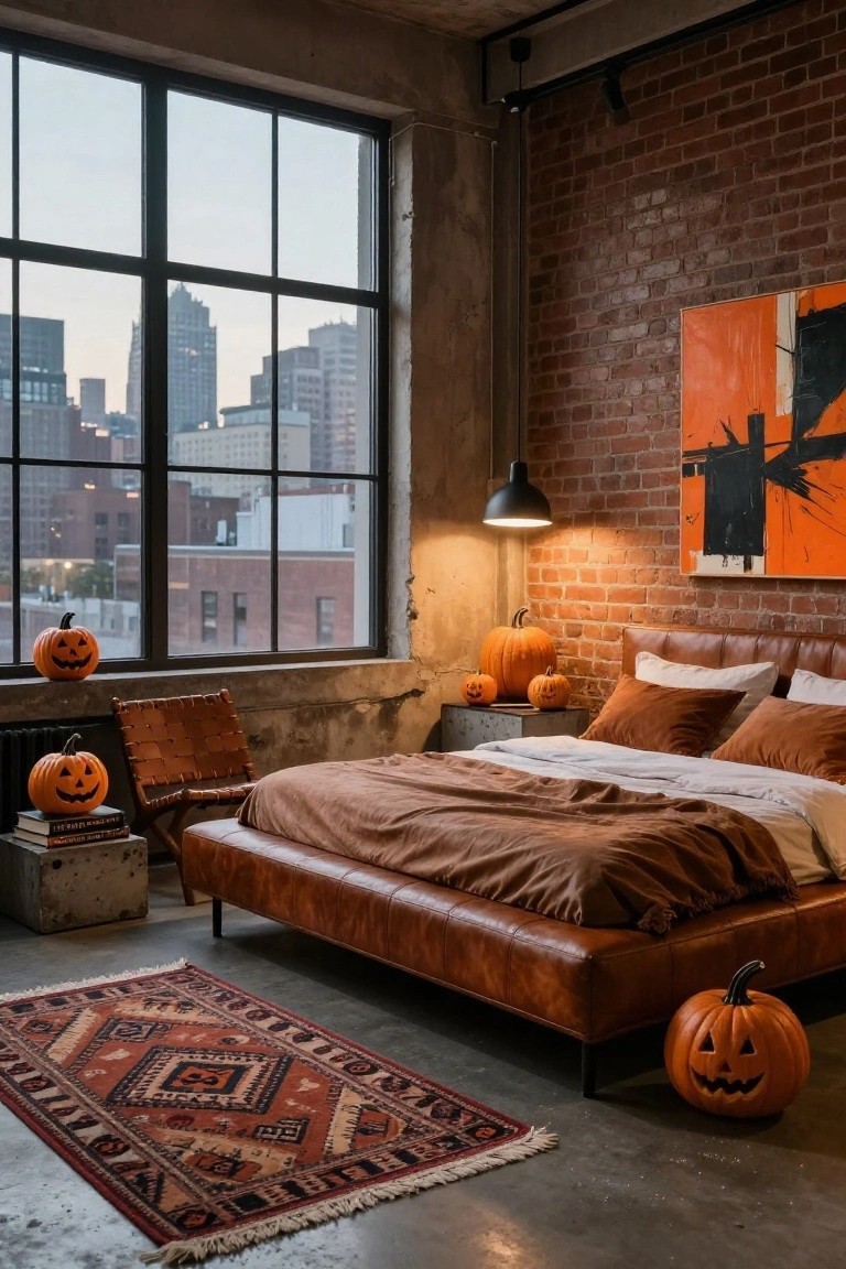 Exposed brick loft bedroom with tan leather platform bed, beige and rust bedding, several orange carved pumpkins on chair nightstand and floor, large industrial windows showing city skyline, pendant lamp, and woven rug.
