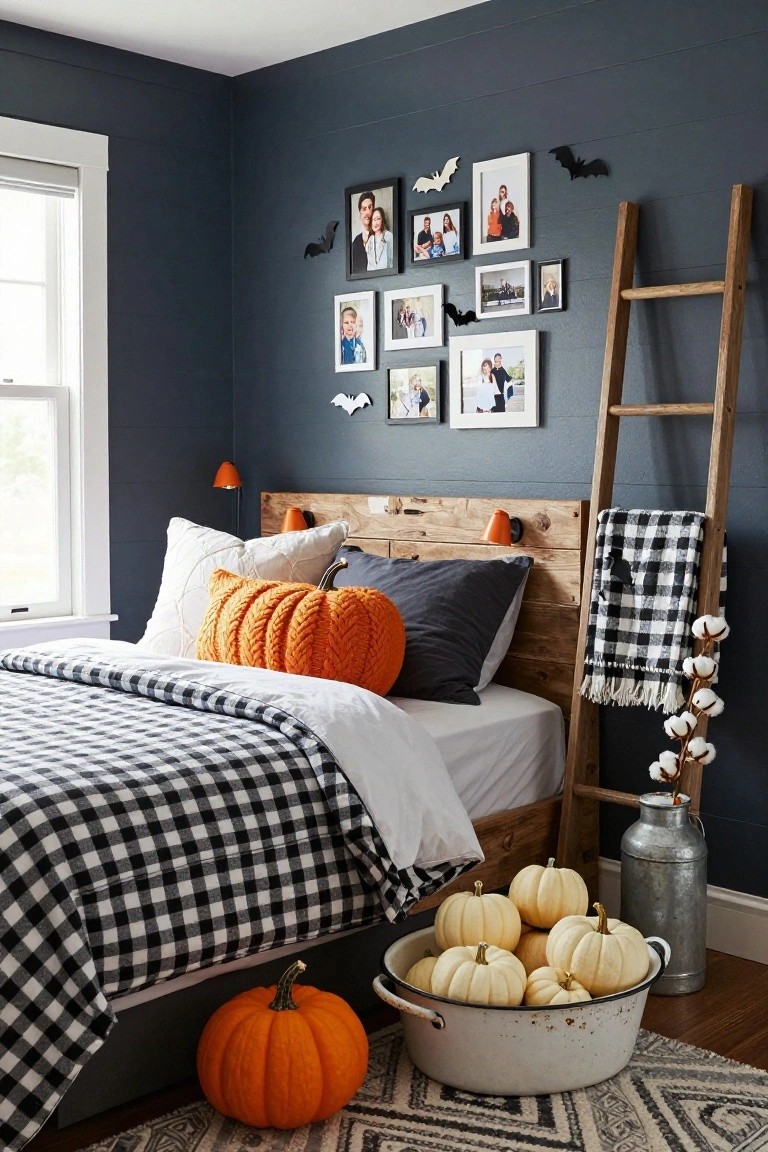 A bedroom with navy shiplap walls, wooden bed frame, black-and-white checkered bedding, orange knit pumpkin pillows, white and orange pumpkins in a metal bucket on the floor, black bat cutouts on walls, family photos in frames, and a wooden ladder holding blankets and cotton bolls.