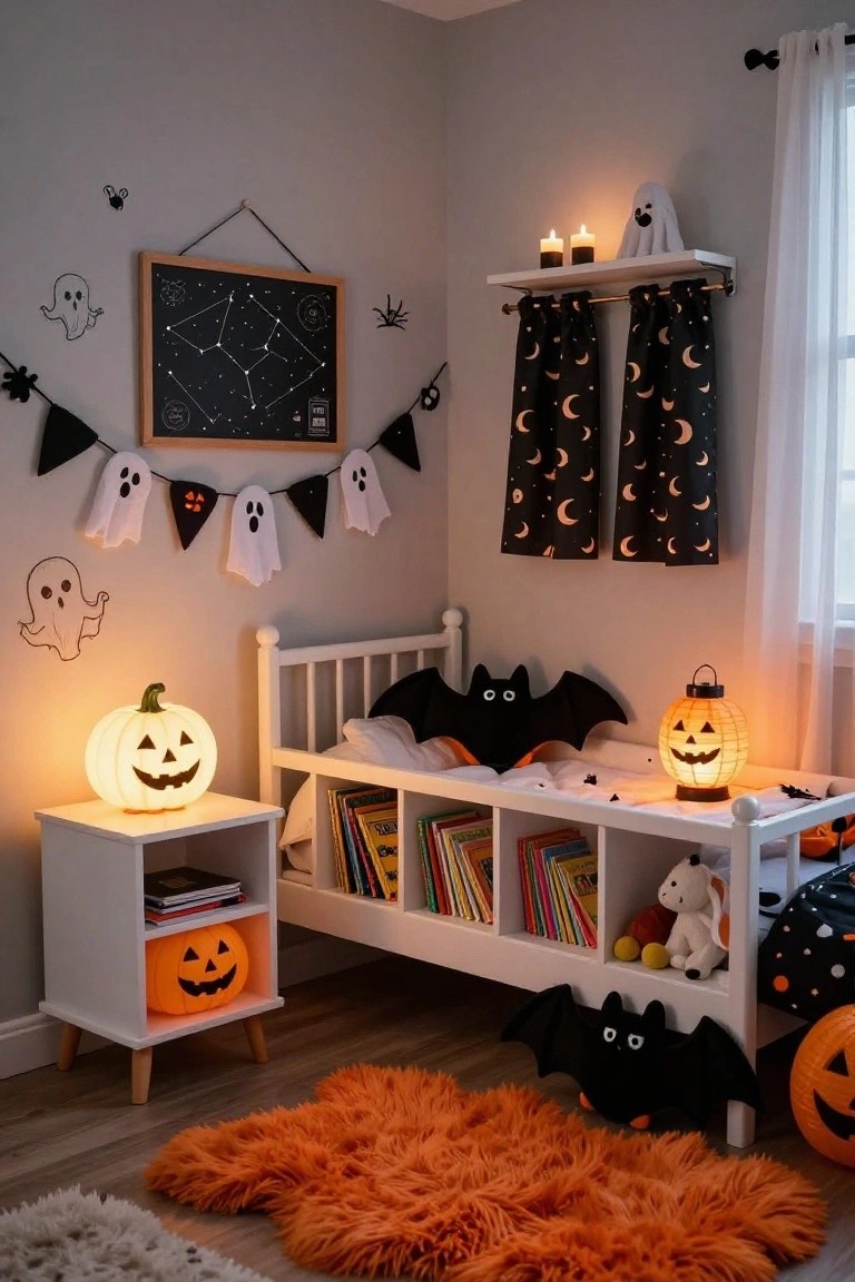 A toddler bedroom with gray walls decorated for Halloween featuring glowing orange pumpkin lamps, ghost garlands, bat plush toys on the bed, bookshelves, and an orange shag rug.