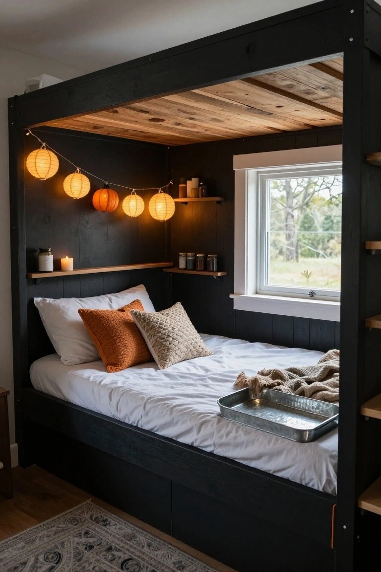 Black wooden built-in bed frame with loft-style canopy, white bedding and orange pillows, string of orange paper lanterns and shelves with jars and candles, beside a window overlooking trees and fields in a bedroom.