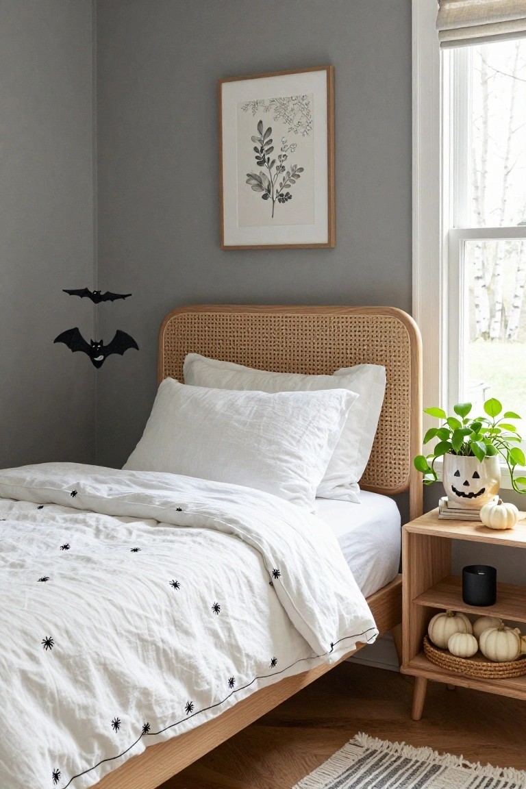 Bedroom corner with rattan headboard bed draped in white quilt embroidered with black spiders, black bat decals on gray wall above bed, wooden nightstand holding white pumpkins, black candle, and potted plant in jack-o-lantern pot, next to window with sheer shade.