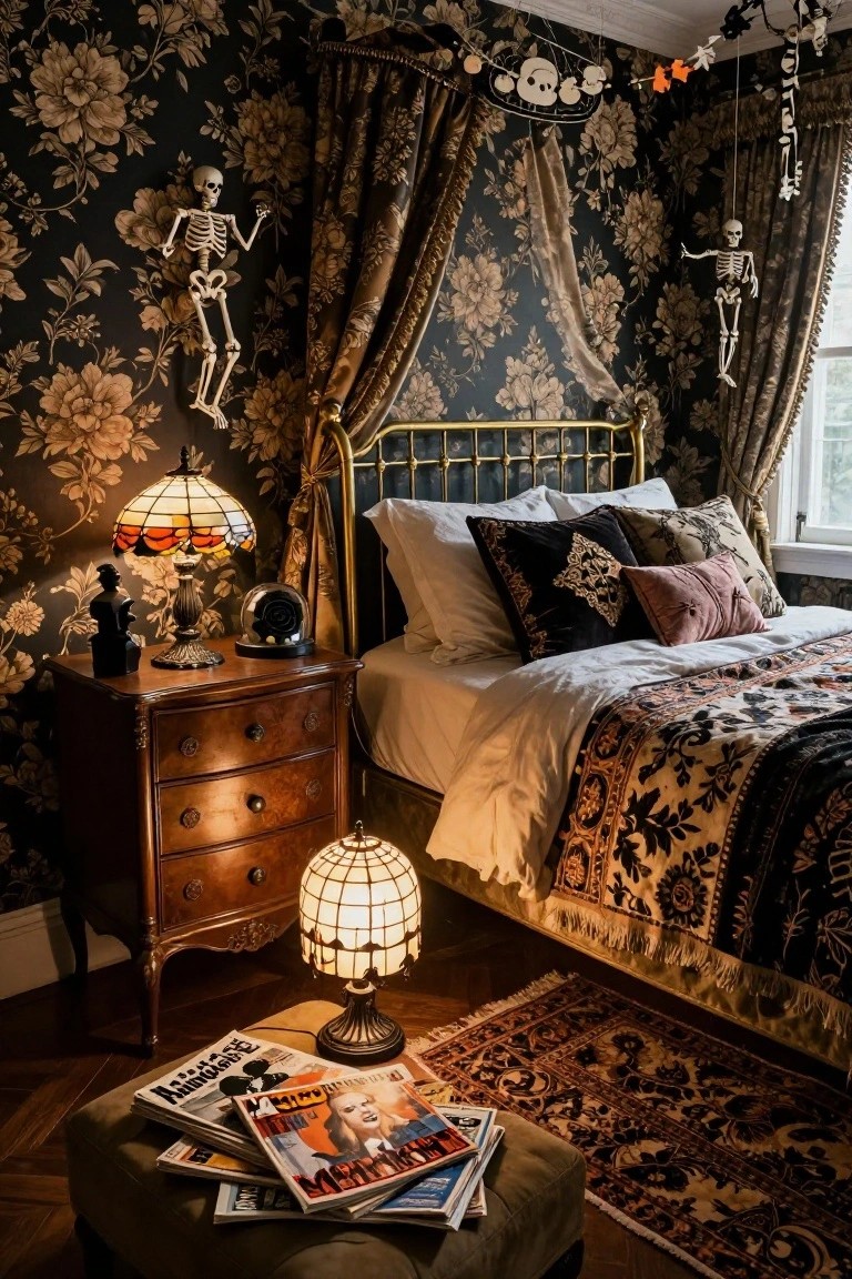 Bedroom with dark floral wallpaper, two hanging white plastic skeletons, brass bedframe with pillows and patterned quilt, stained glass lamp on nightstand, milk glass lamp on floor, and stacked magazines on footstool.