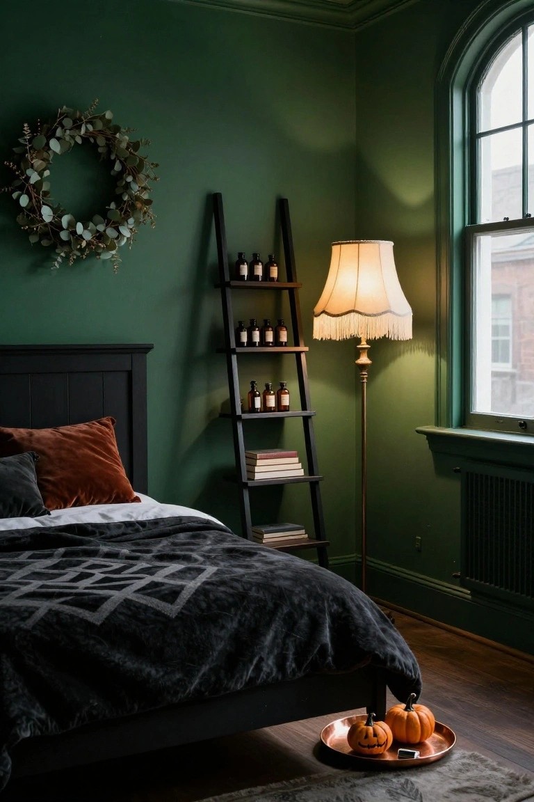 Bedroom corner with deep green walls, black wooden bed with black patterned duvet and rust pillows, black ladder shelf holding glass bottles and books, beige fringed standing lamp, eucalyptus wreath on wall, and two orange jack-o-lantern pumpkins on copper tray on wood floor.