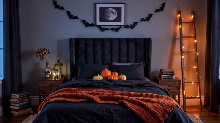 Dark velvet tufted headboard on a bed with black sheets, orange knit throw, and bedside table; floor features brass lantern, pumpkins, skull, and books on a rug in a Halloween-themed bedroom with bats and moon art on walls.