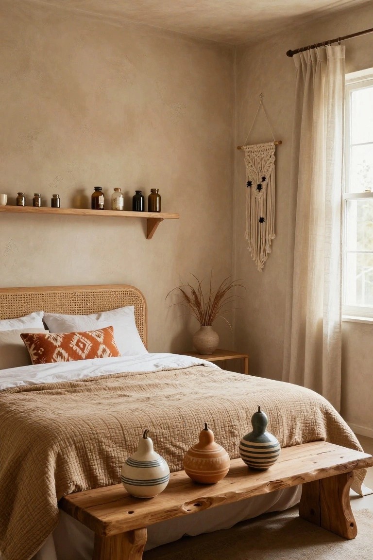 Bedroom interior with rattan headboard bed draped in beige quilted bedding, wooden bench at foot holding three ceramic gourds in white blue and terracotta, wooden shelves with glass bottles above, macrame wall hanging, pampas grass in vase, and sheer curtains at window.