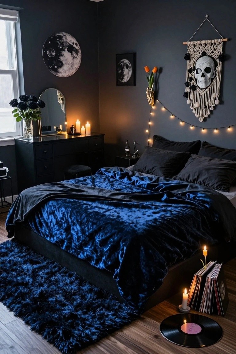 Dark bedroom with navy velvet duvet on bed, black walls, moon wall art, skull macrame hanging, candles on nightstand and floor, black roses in vase, string lights, and vinyl records beside shag rug.