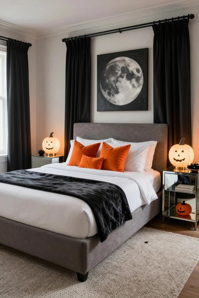 A gray upholstered bed with white sheets, orange pillows, black throw, and nightstands holding white jack-o-lantern lamps, black curtains, and a large black-framed full moon artwork on a white wall.