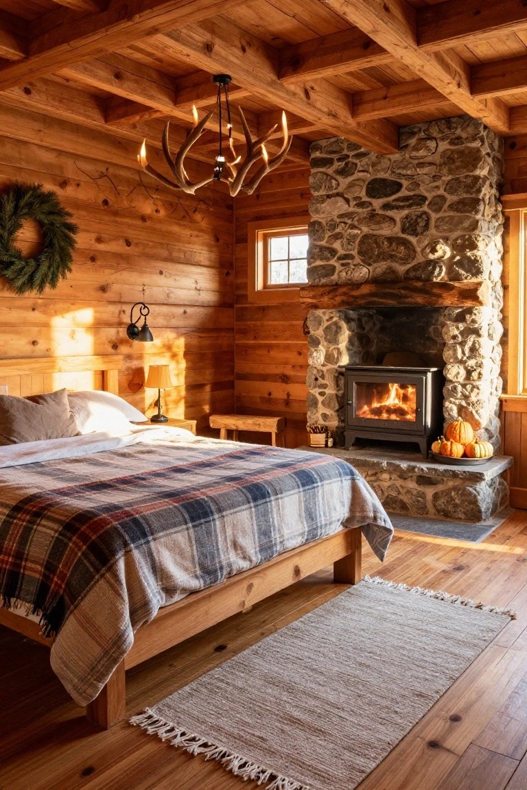 Rustic log cabin bedroom with wooden walls and ceiling, stone fireplace containing a wood-burning stove, small pumpkins on the hearth and plate, plaid bed with pillows, wall lamp, wreath, and antler chandelier.