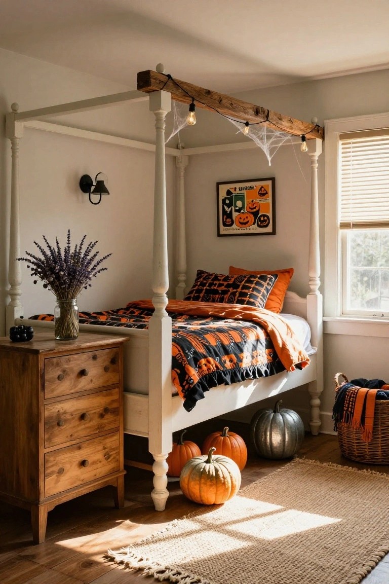 White four-poster bed with orange and black checkered bedding and ruffled skirt, rustic wooden beam canopy strung with Edison bulb lights and cobwebs, pumpkins on the wood floor beside a dresser, lavender bouquet on nightstand, in a light gray bedroom with window light.