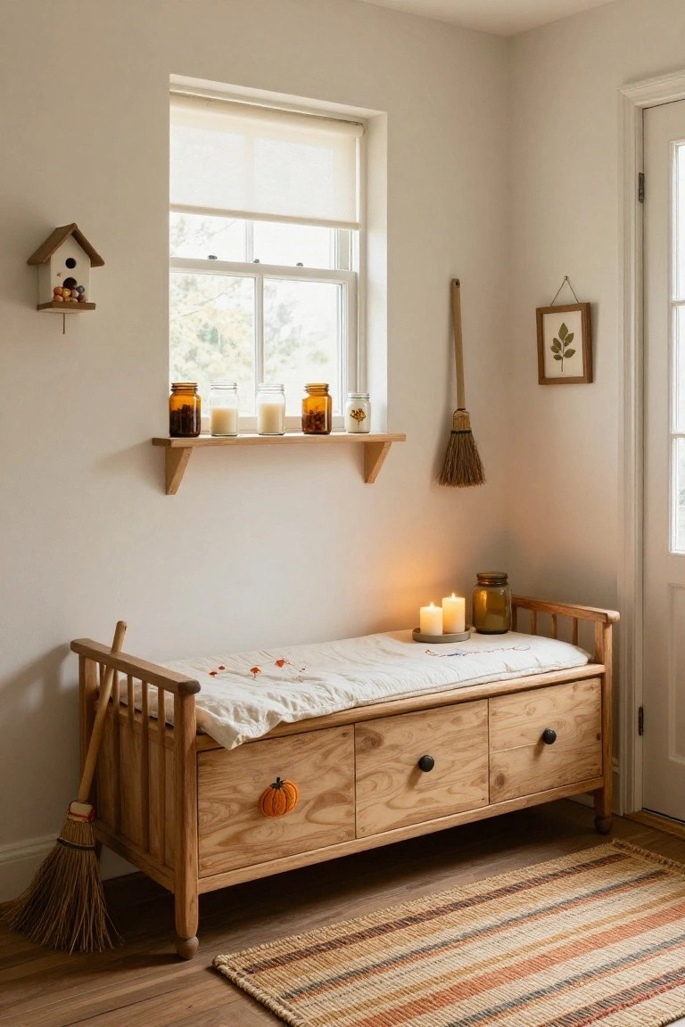 Beige interior corner with wooden slatted bench topped by white cushions, three drawers below including one with pumpkin carving, two brooms leaning against it, shelves holding jars and candles, window with blinds, and open door.