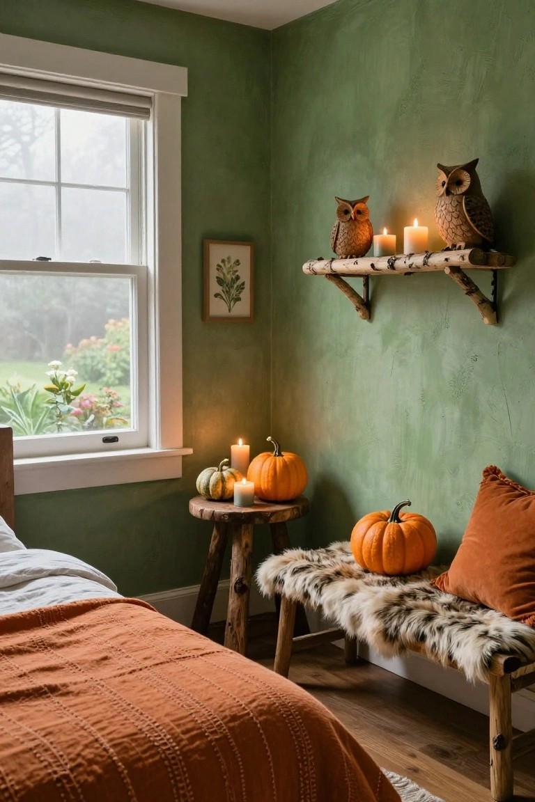 Bedroom corner with sage green textured walls, rustic birch shelf displaying two wooden owls and lit candles, small pumpkins and candles on a wooden stump table, large pumpkin on fur bench by orange bed, rainy window with garden view.