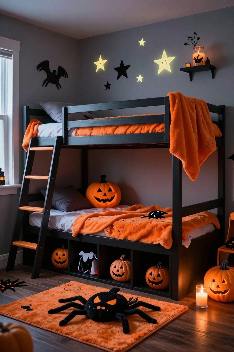 A gray-walled children's bedroom with a black bunk bed featuring orange bedding and blankets, plush jack-o-lantern pillows on the lower bed, a large black spider plush on an orange rug, multiple carved pumpkin decorations, and glow-in-the-dark star wall stickers.