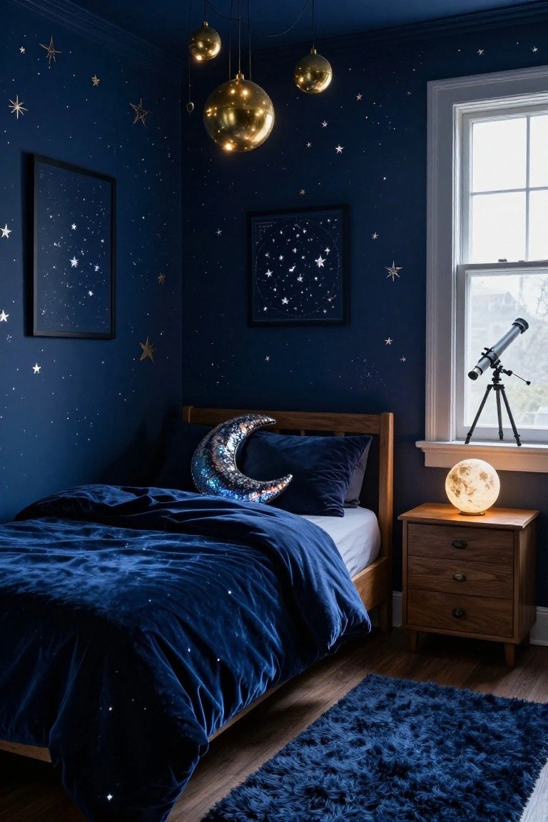 A navy blue bedroom with star decals on the walls, gold orb pendant lights, framed constellation prints, a wooden bed with blue velvet bedding and sequined moon pillow, telescope by the window, moon lamp on nightstand, and blue rug on wood floor.