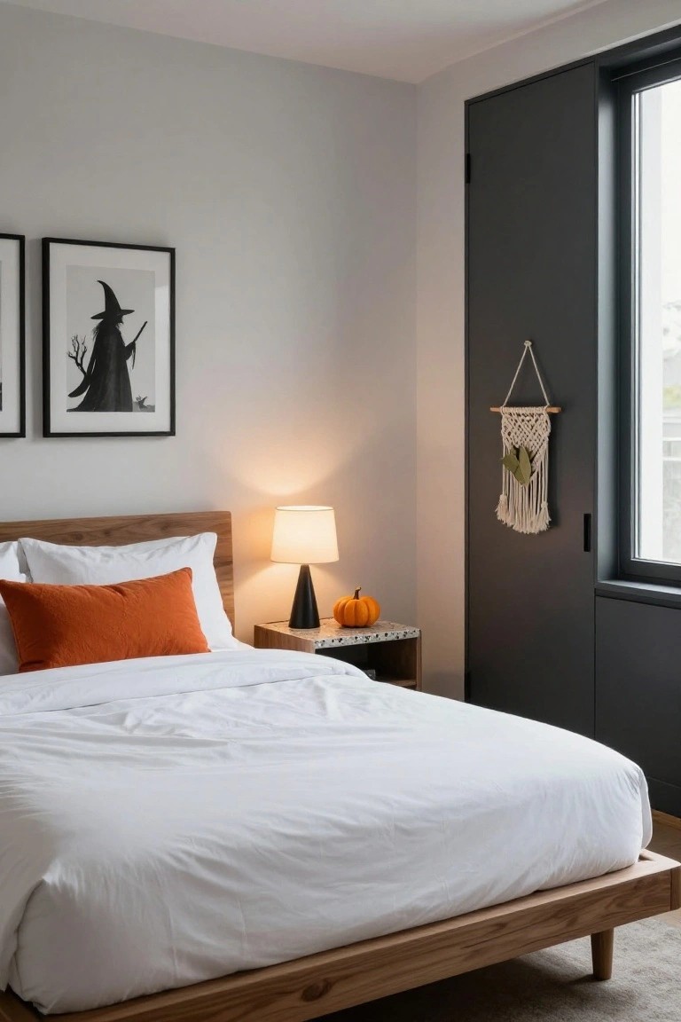 Modern bedroom with white bedding on wooden platform bed, orange accent pillow, nightstand holding black lamp and small pumpkin, two black-framed witch silhouette prints on light gray walls, macrame hanger on dark door by window.