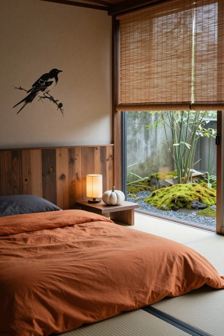Japanese-style bedroom with tatami floor, wooden headboard, orange duvet on low bed, bedside table holding lamp topped by white pumpkin, and sliding window to mossy rock garden with bamboo.