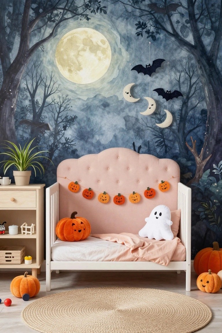 Pink tufted crib with orange pumpkin garland and plush toys including a ghost and pumpkins, set against a dark forest mural with moon, bats, and hanging crescent moons in a child's bedroom.