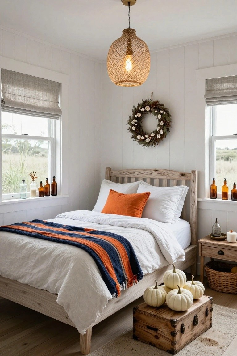 Cozy bedroom with white shiplap walls, wooden bed draped in white linens and orange throw, cluster of white pumpkins on wooden trunk, rattan pendant light, fall wreath on wall, and glass bottles on windowsills overlooking fields.