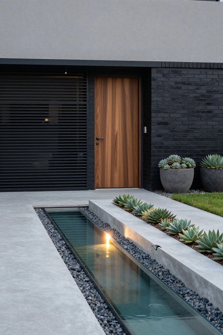 Modern house exterior featuring a black brick wall, timber front door, black shuttered garage door, linear glass-covered water channel with pebbles along a concrete path, and agave plants in gray pots beside a lawn.