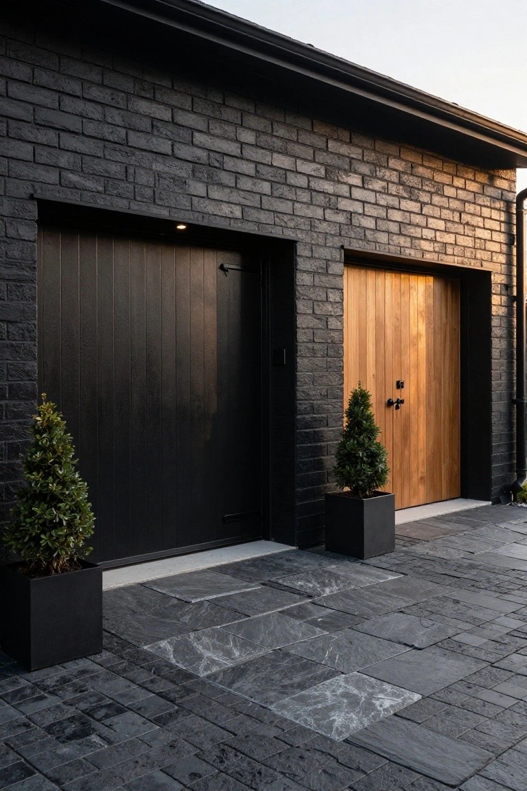 Black Brick Facade with Wood Garage Door