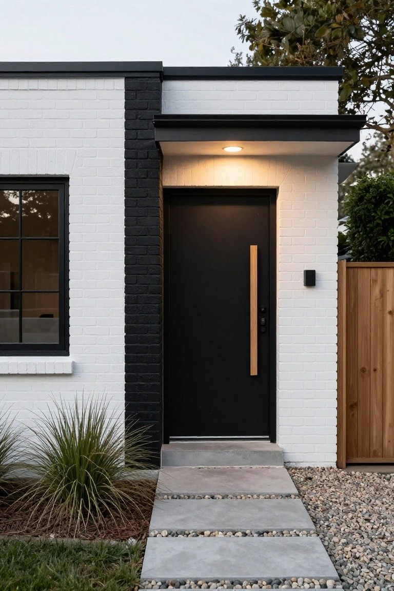 Close-up view of a modern house exterior with white brick walls, black vertical brick accent strip, black front door with vertical wooden handle and doorbell, lit overhang, concrete slab steps with pebble inlays, yucca plants, gravel mulch, and wood fence.