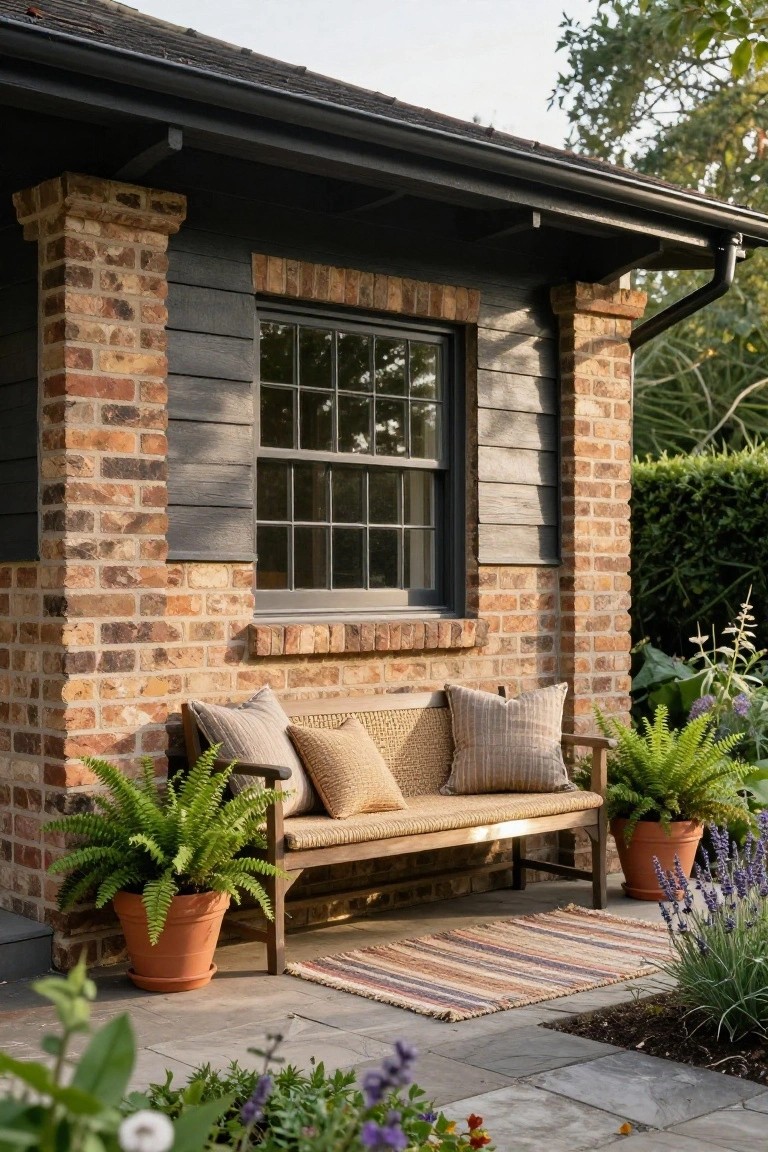 Brick exterior wall with dark gray board-and-batten siding, black-framed double-hung window with shutters, wooden bench with cushions and pillows flanked by potted ferns, on a stone patio surrounded by plants and flowers.