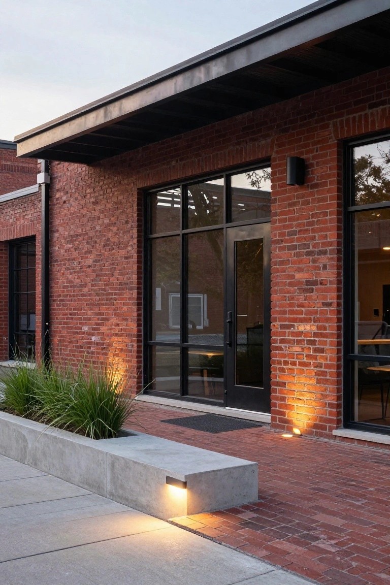 Red brick building exterior featuring large black-framed glass doors and windows, concrete planter box with tall grasses, brick paver pathway, concrete bench edge, and integrated outdoor lighting at dusk.