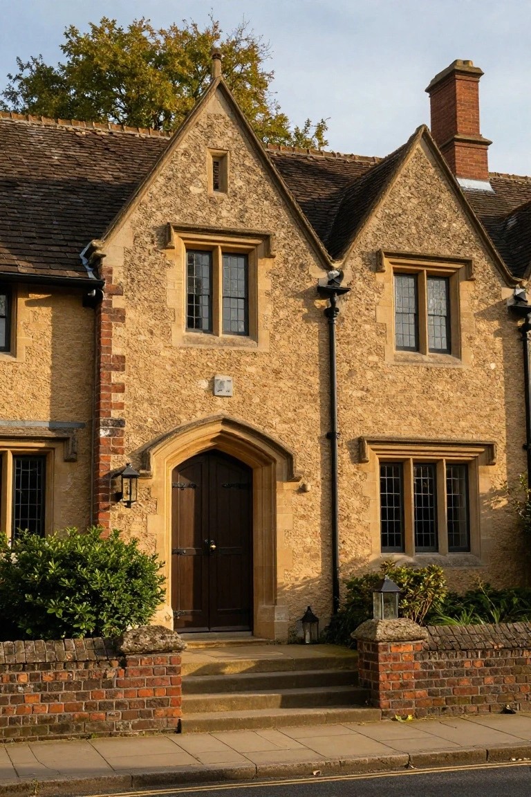 Two-story house facade made of beige stone with red brick base, accents, and front wall, featuring an arched dark wood entry door, leaded glass windows, lanterns, and steps leading to the street.