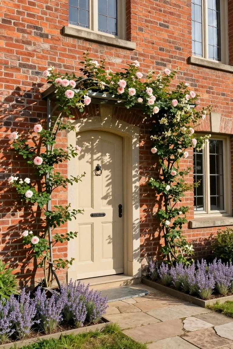 Red brick house exterior with pale cream paneled front door under a metal arch covered in pink climbing roses, flanked by lavender plants in a border bed and a stone path.