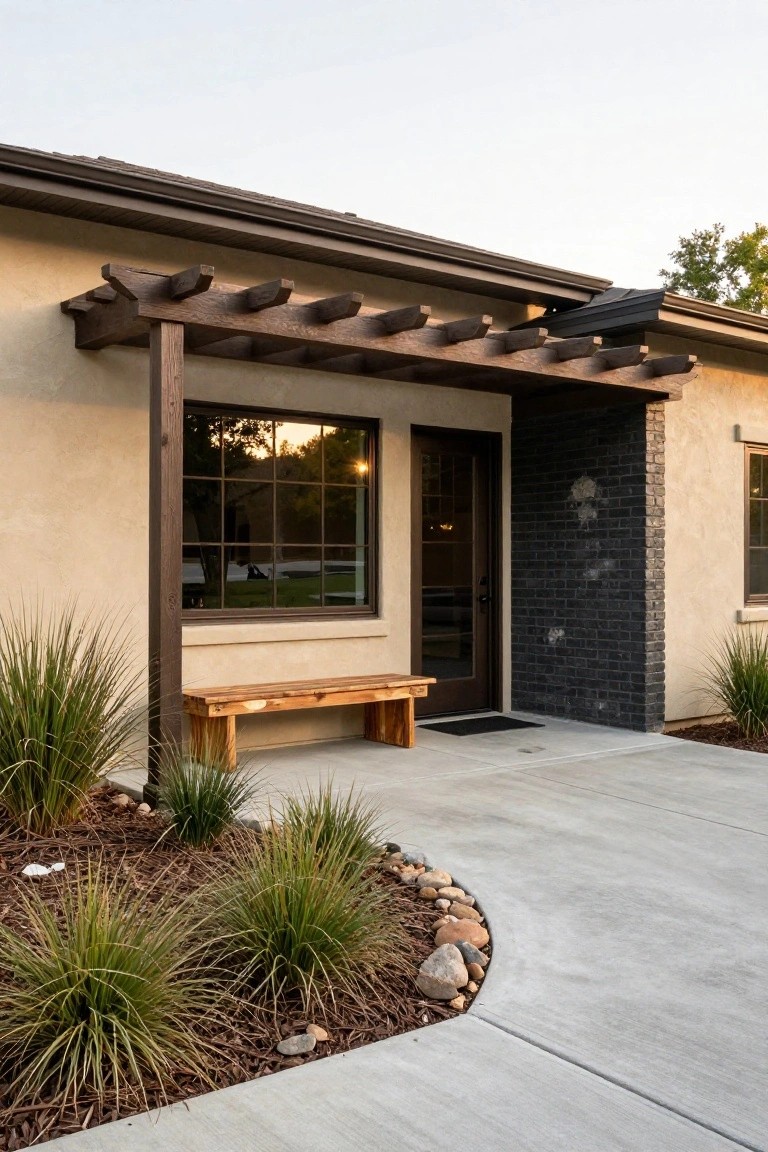 Beige stucco house exterior featuring a wooden pergola over the entry door, dark brick accent pillar beside a wood-framed glass door, wooden bench on a concrete pad, and low grasses with rocks in the landscaping.